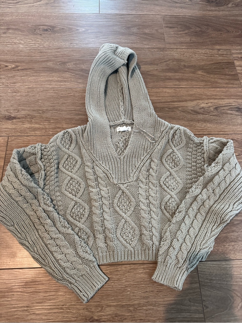 Aeropostale Olive Green Cable Knit V-Neck Hoodie Sweater
